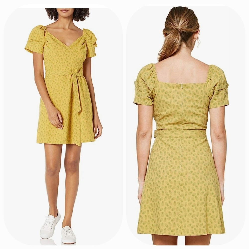 Sugarlips Hawaiian Pineapple Print size L Puff Sleeve Mini Dress yellow green